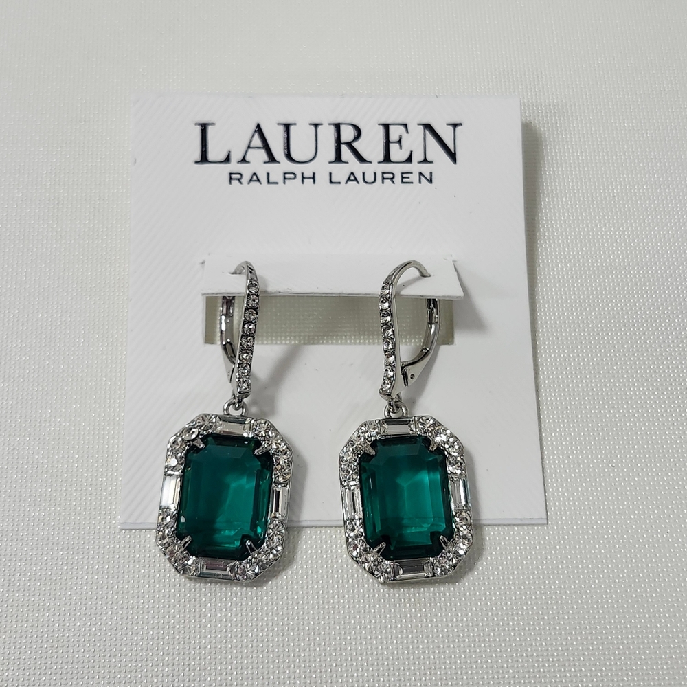 NWT Ralph Lauren Silver-Tone Green Mixed Crystal Rectangle Drop Earrings